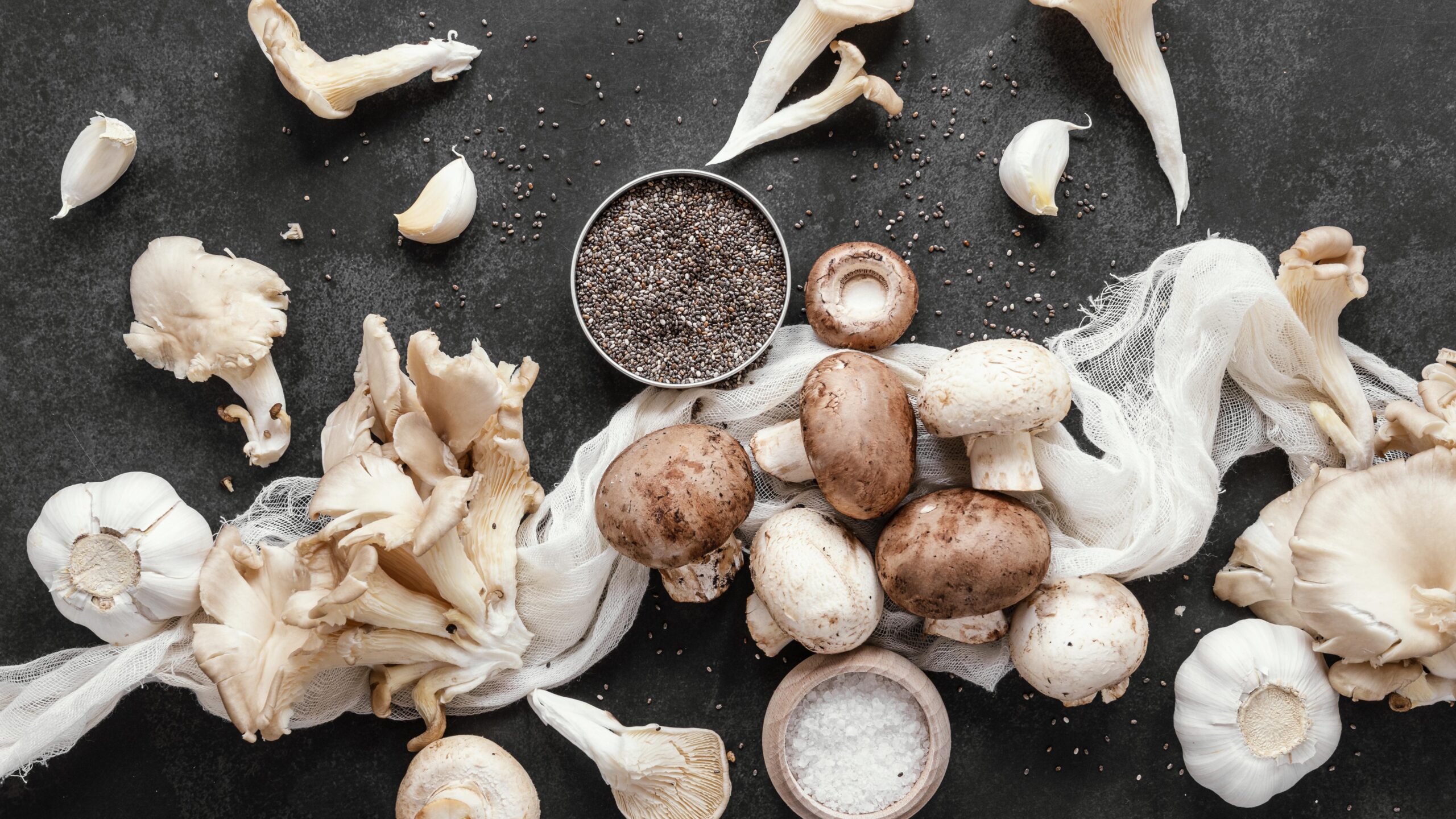 Picture with a variety of mushrooms.